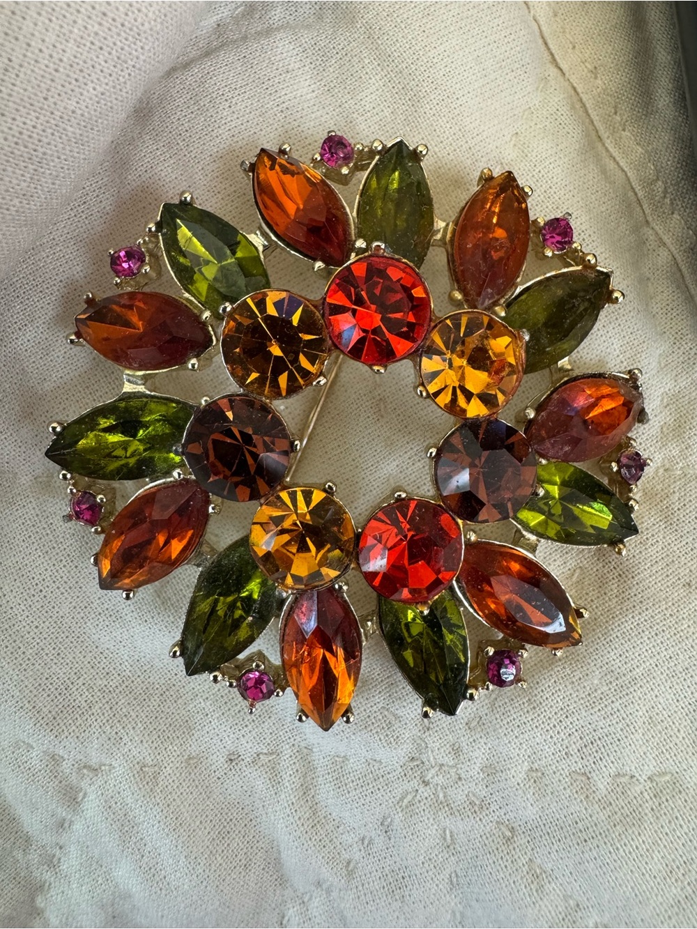Vintage Emmons Multicolored Crystal Floral Wreath Brooch - Women Jewelry